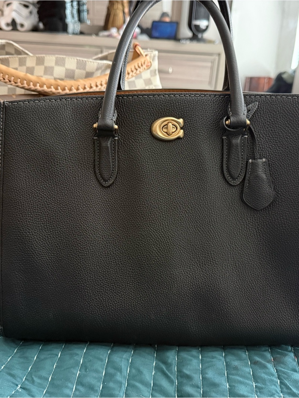 COACH carry all Classic Black Leather Top-Handle Satchel with Gold Hardware